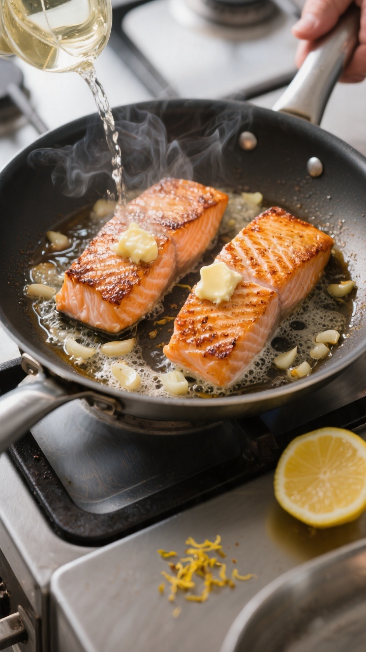 Cooking process: Salmon fillets just flipped in a large stainless skillet, skin side crisped and car