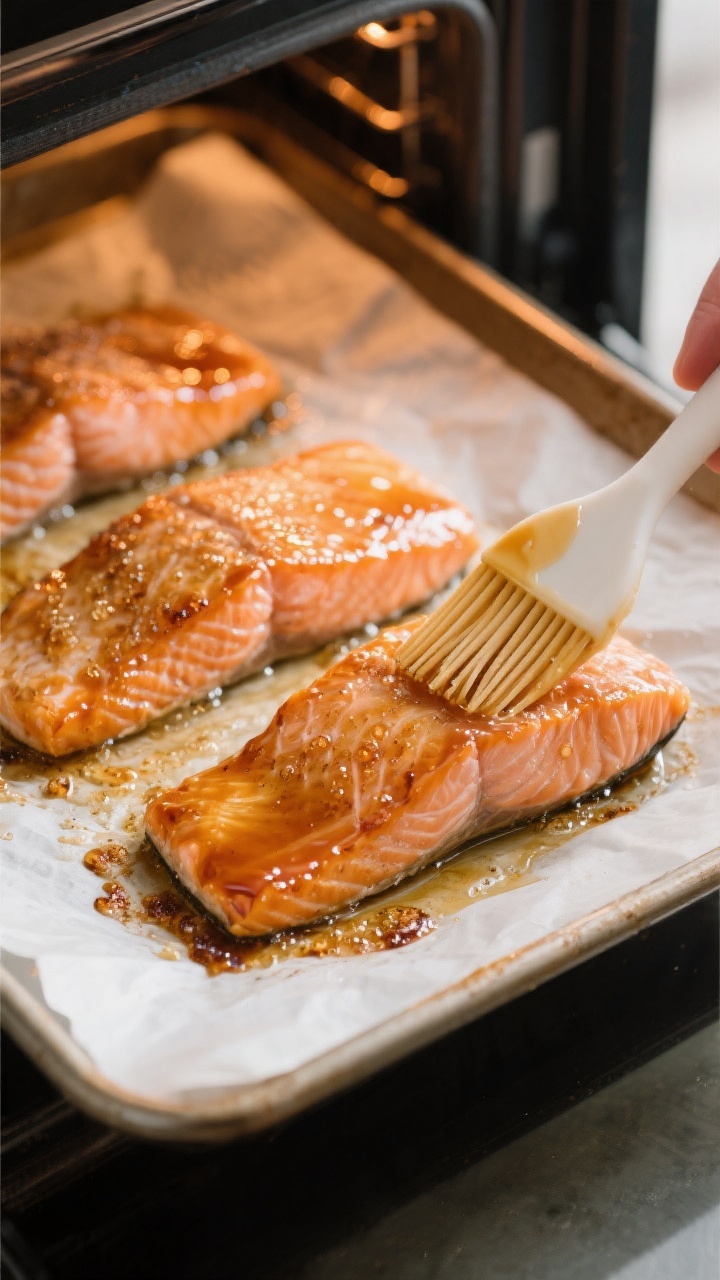 Cooking process: Salmon fillets on a parchment-lined sheet pan mid-cook, with the glaze visibly bubb