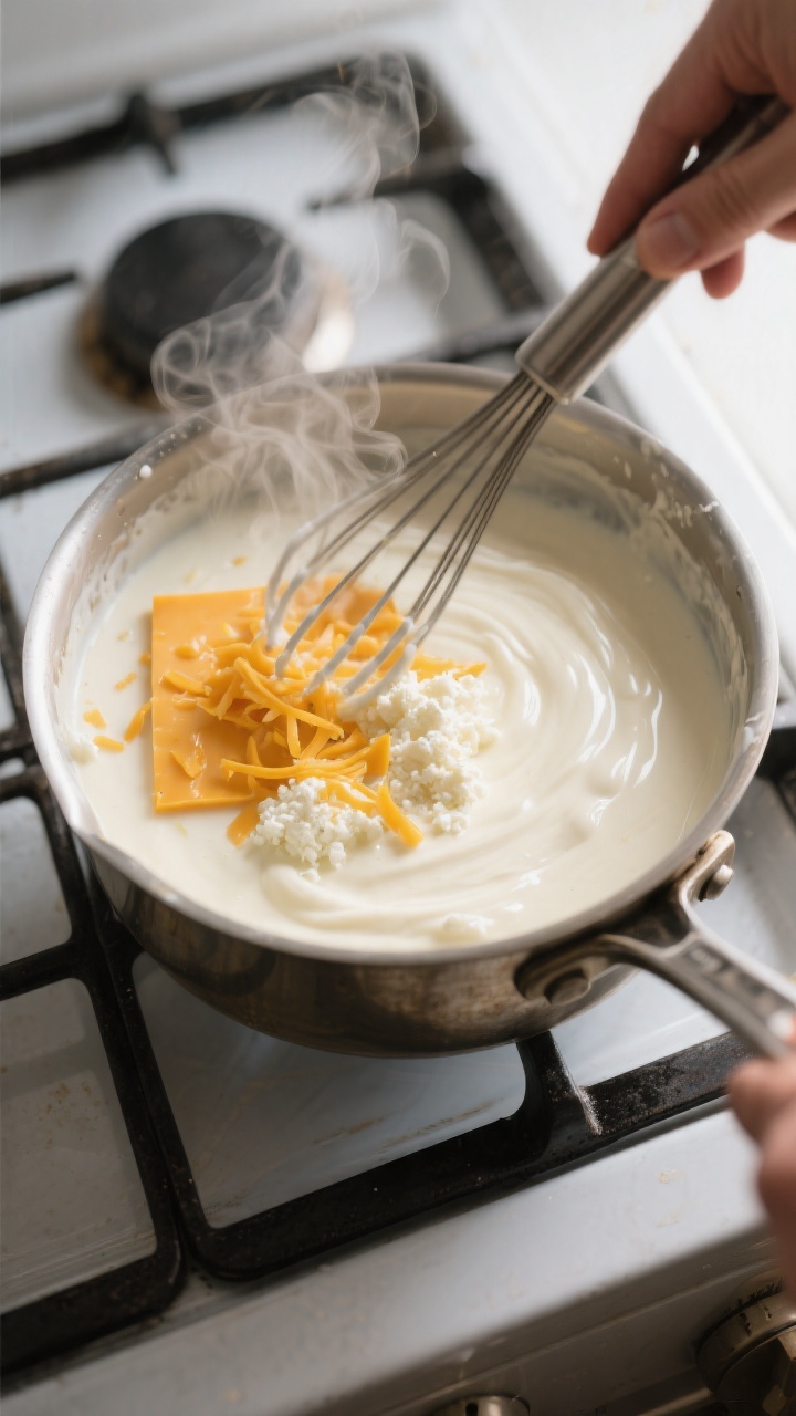Cooking process: Saucepan on stovetop with the Greek yogurt–milk–broth cheese sauce being whiske