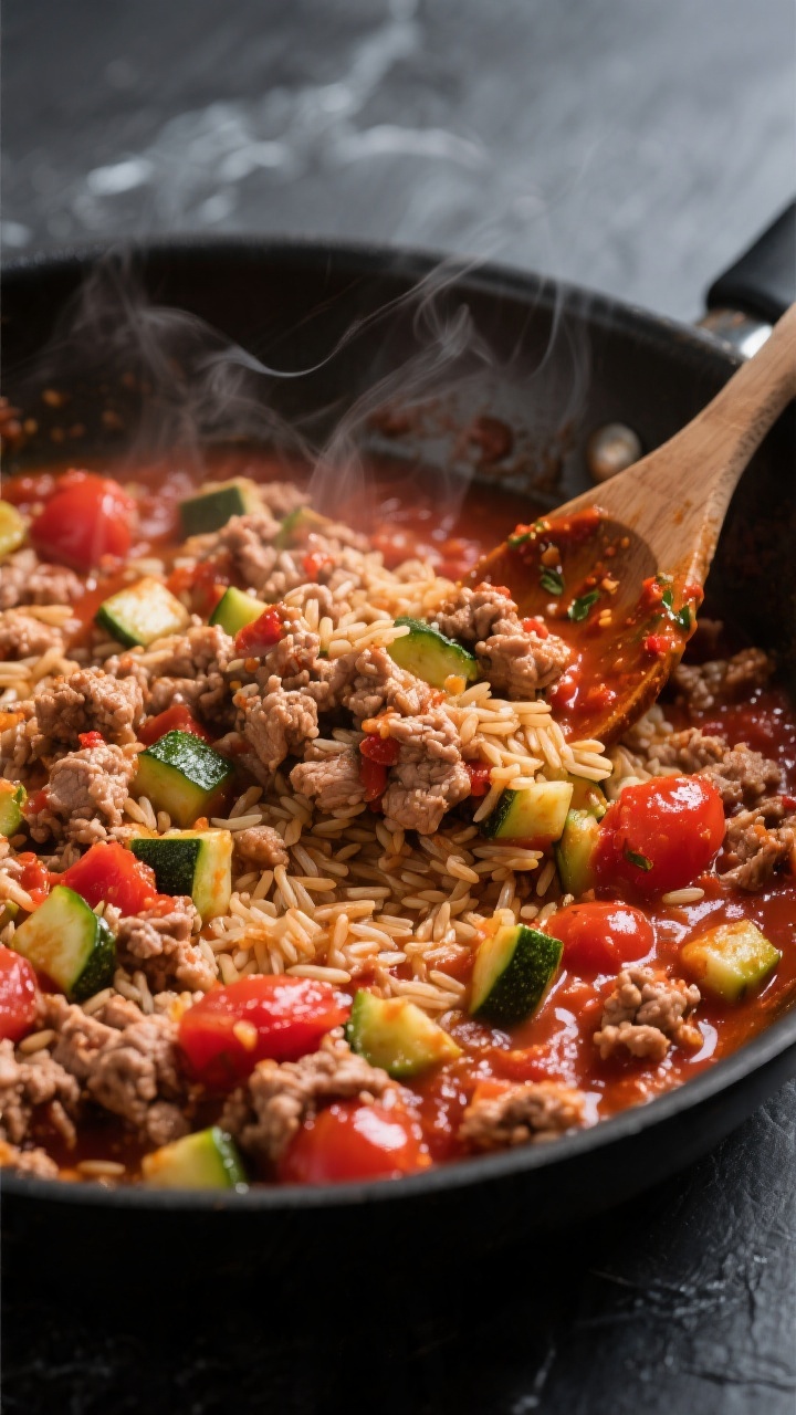 Cooking process: Sauté phase in a large skillet—cooked ground turkey combined with chopped zucchi