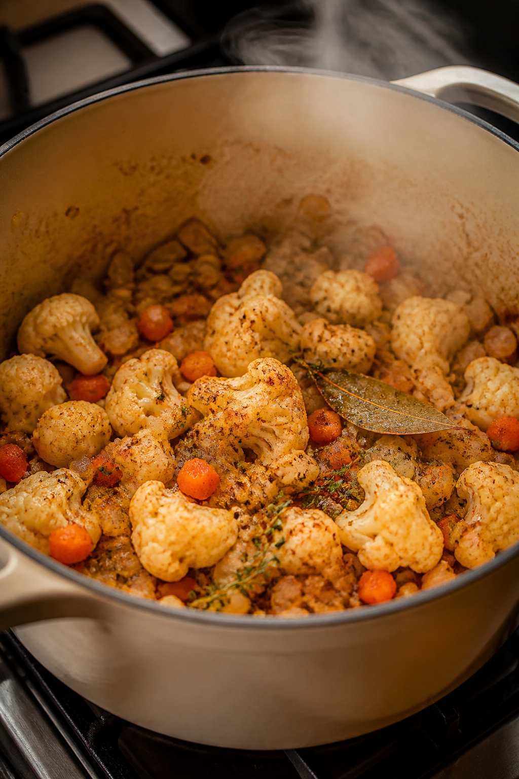 Cooking process: Sautéed aromatics and cauliflower base transforming in a Dutch oven—golden onion