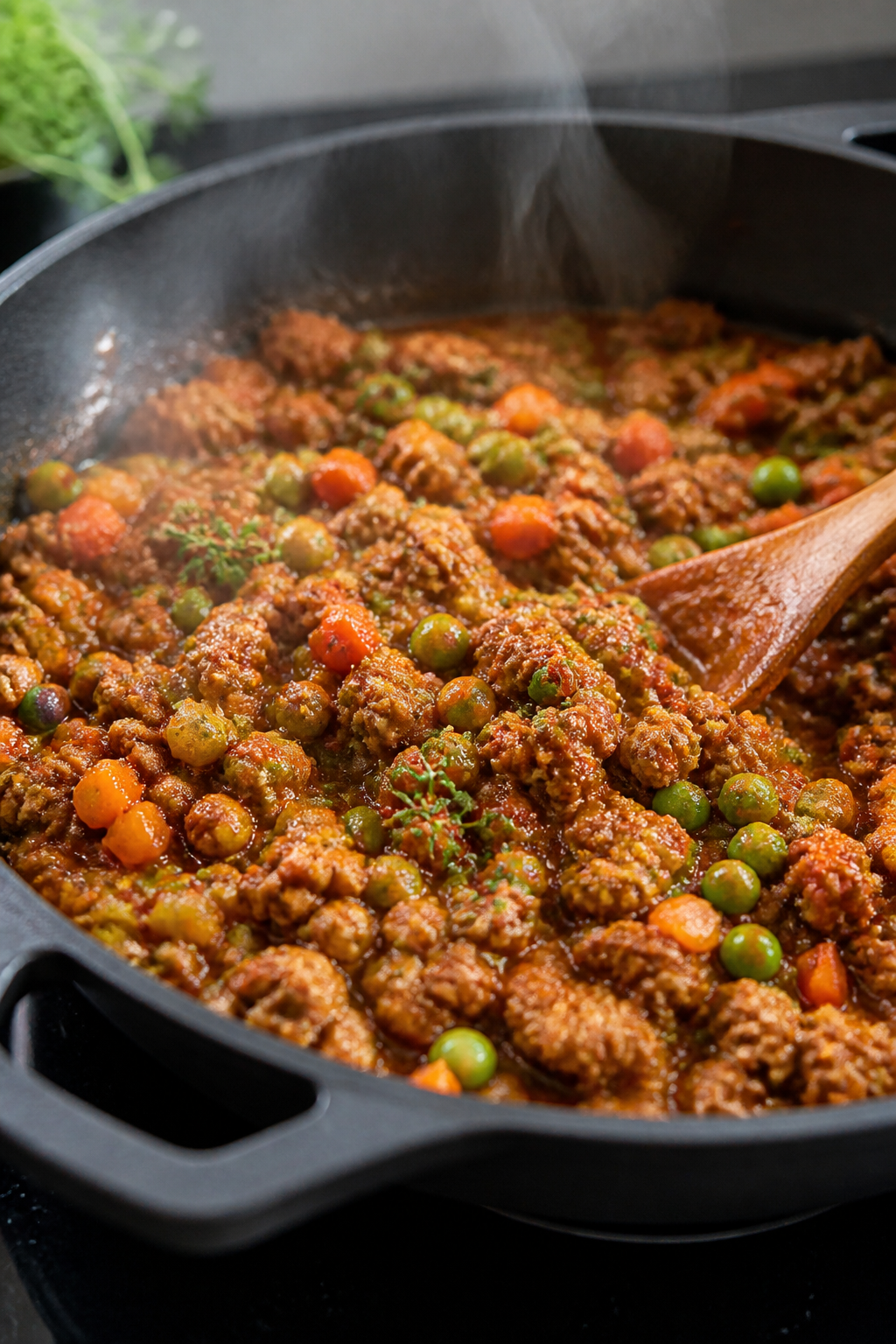 Cooking process: Sautéed filling in a large oven-safe skillet, medium-close shot of browned ground 