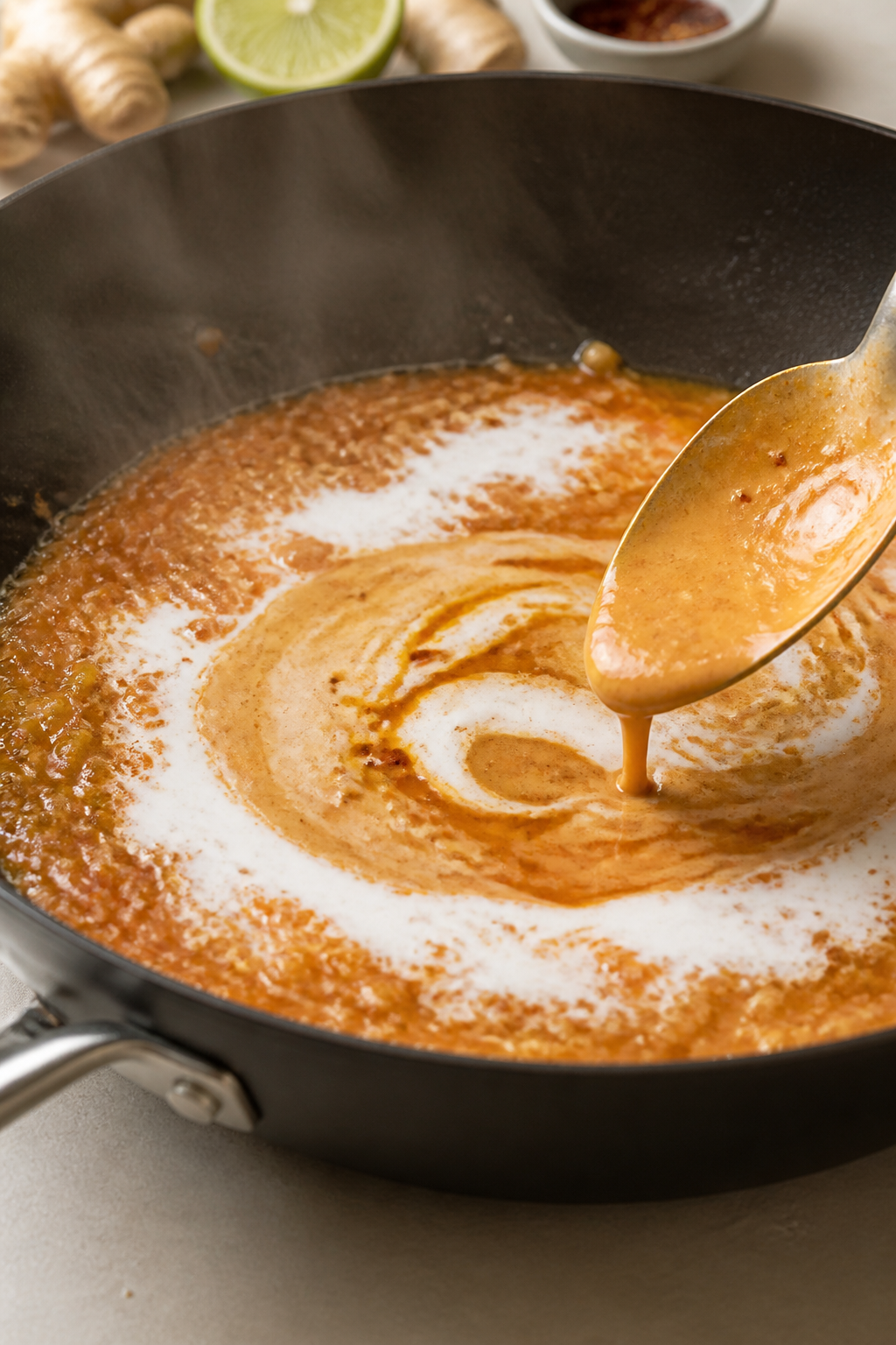 Cooking process — Sautéing aromatics and building the sauce: A tight, side-angle close-up of a wi