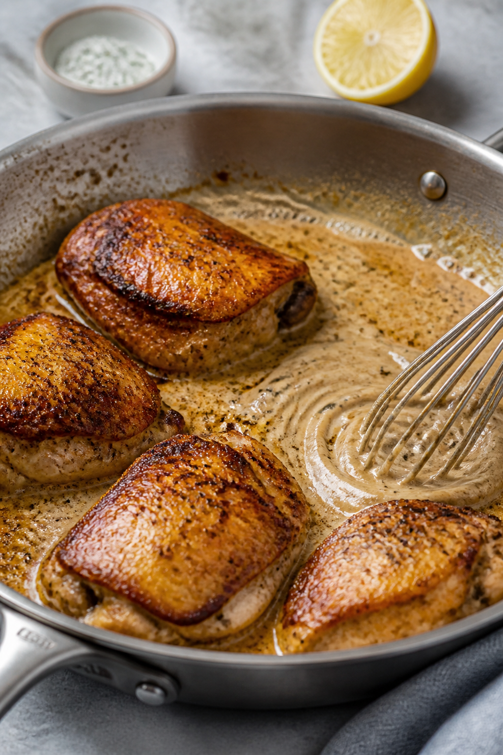 Cooking process scene: chicken thighs just flipped after searing, deep golden crust on the skin, bro