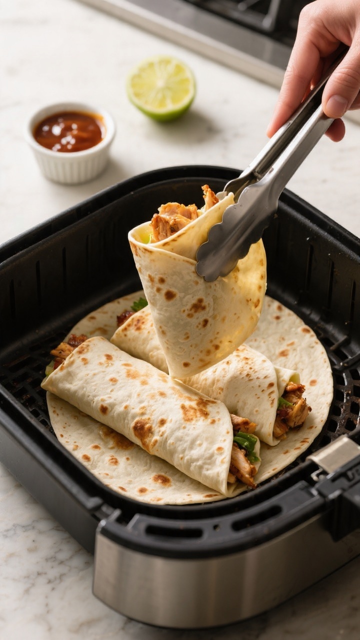 Cooking process: Seam-side-down chicken wraps crisping in an air fryer basket at 375°F—tortillas 