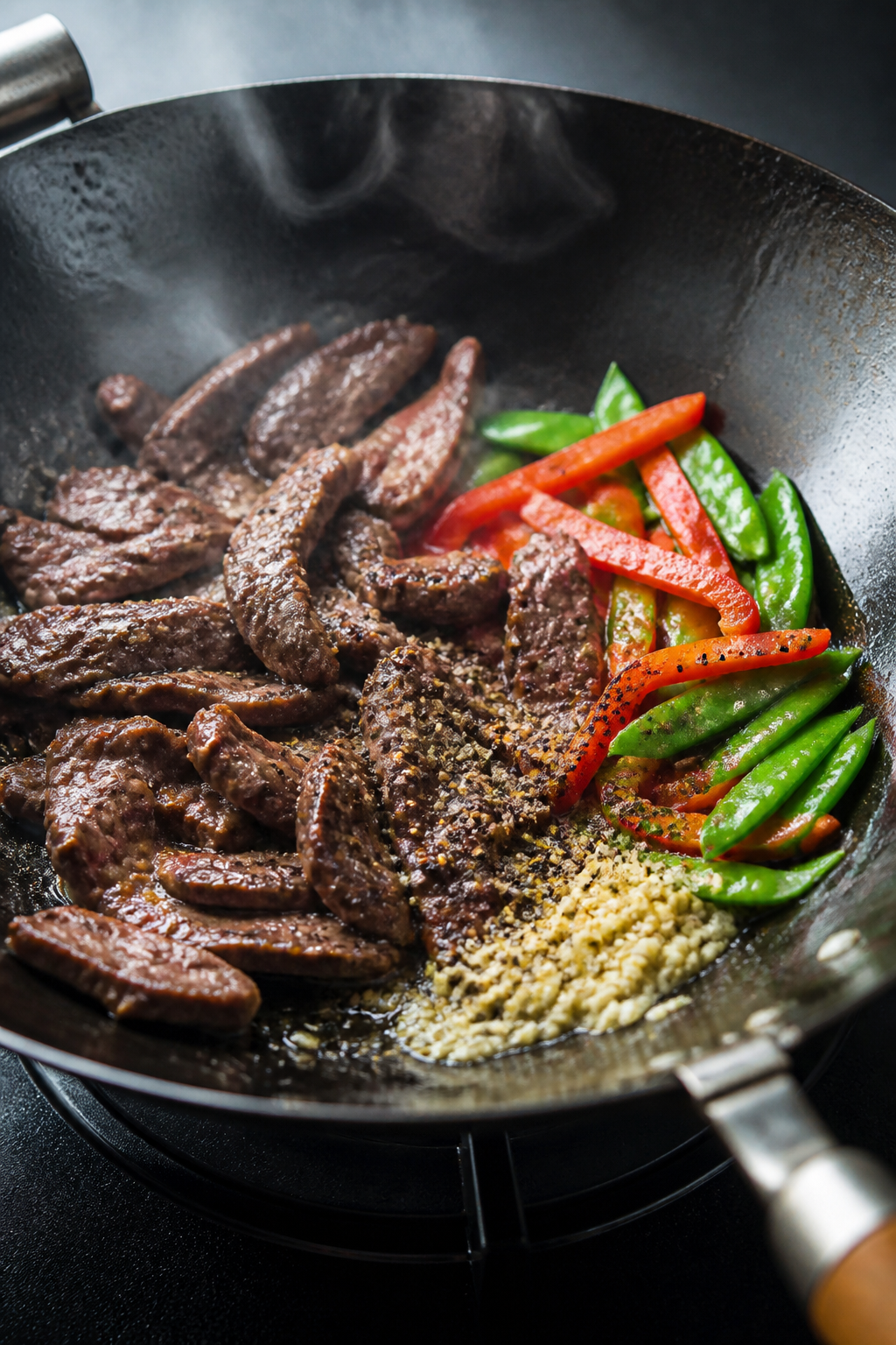 Cooking process – Searing beef for black pepper noodles: Thinly sliced flank steak sizzling in a c