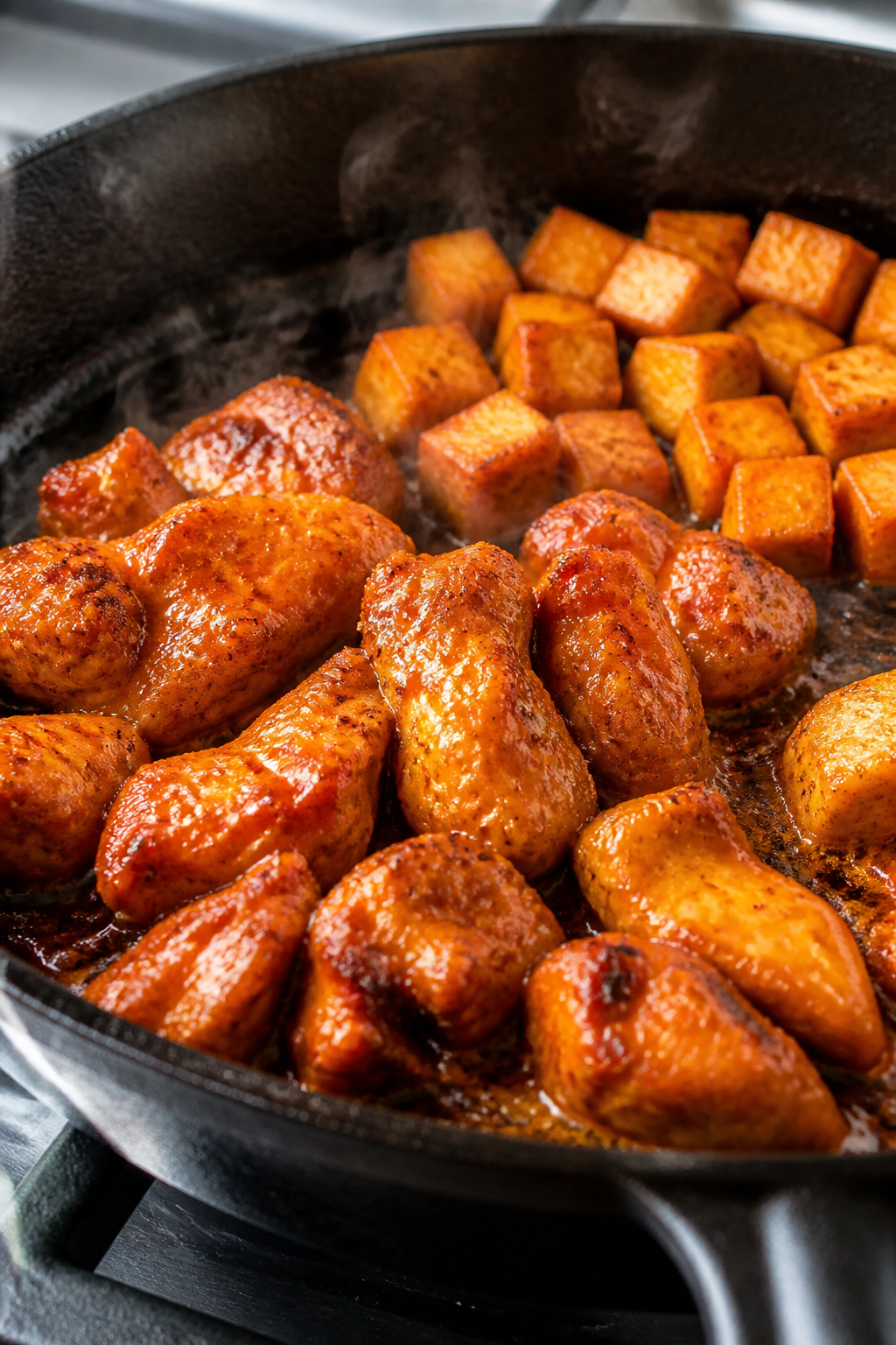 Cooking process — Searing Buffalo chicken: Close-up of bite-size chicken pieces sizzling in a blac