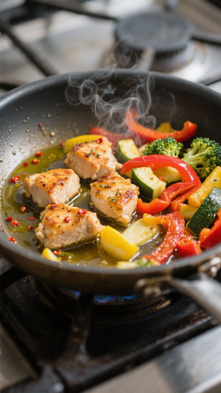 Cooking process — Searing chicken and sautéed veggies: Golden-browned bite-size chicken pieces ne