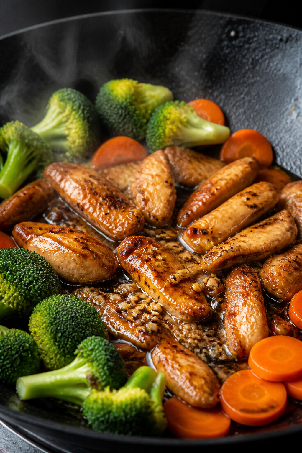 Cooking process — Searing chicken thighs: Close-up of cooked chicken thigh strips sizzling in a ho