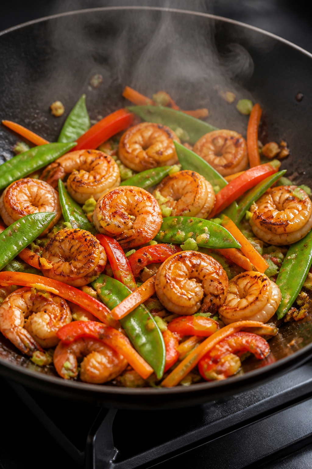Cooking process: Searing shrimp for Firecracker Shrimp Lo Mein in a smoking-hot wok, shrimp just tur
