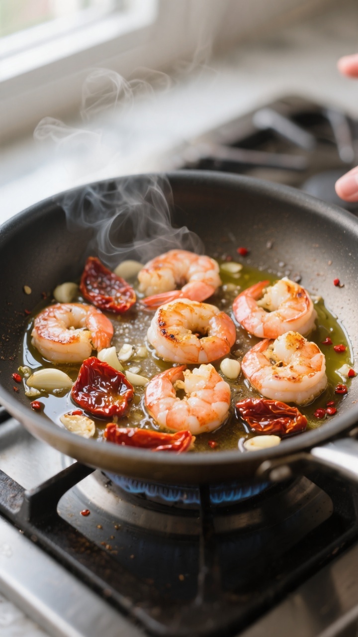 Cooking process: Searing shrimp for Healthy Tuscan Garlic Shrimp Pasta in a wide stainless skillet,