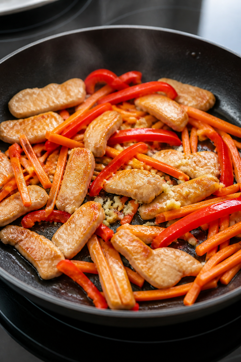 Cooking process — Searing stage: Juicy, thin-sliced chicken breast pieces lightly coated in cornst