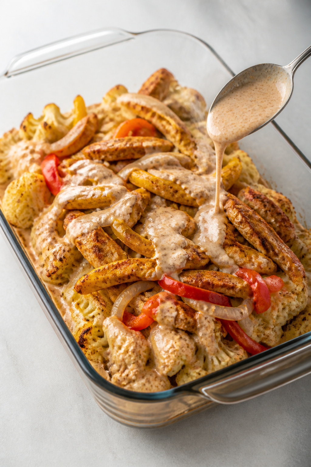 Cooking process: Seasoned chicken and sautéed peppers/onions being spread over roasted cauliflower 