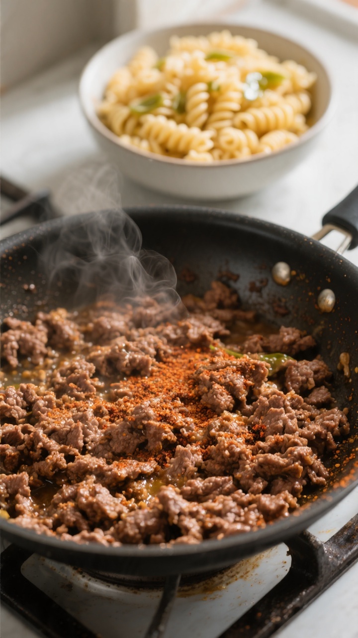 Cooking process — Seasoned taco meat and cooling pasta: Close-up of browned ground beef crumbles i