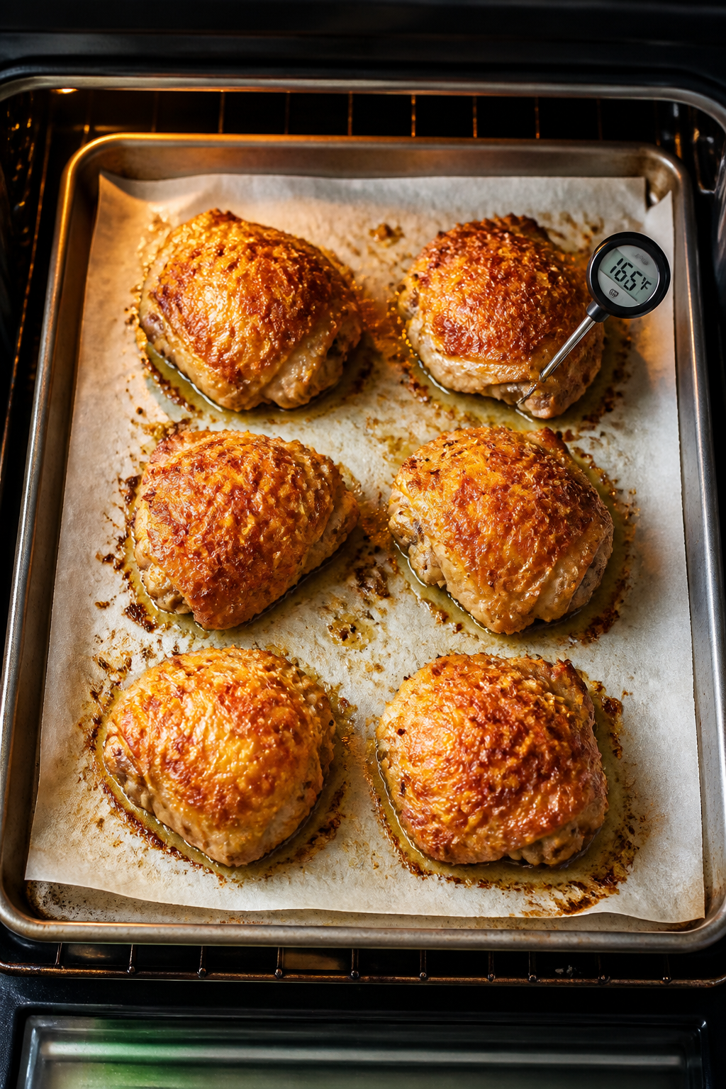 Cooking process: Sheet pan in a 425°F oven door just opened, overhead angle showing six coated chic