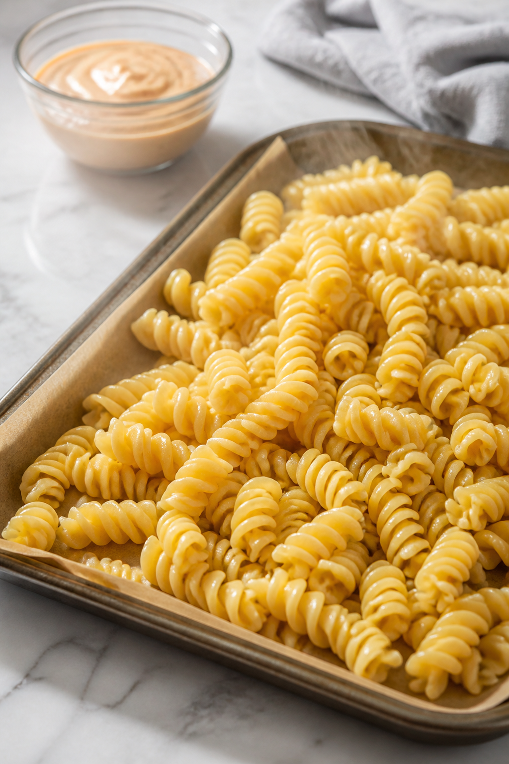 Cooking process shot: Al dente rotini just drained and tossed with a sheen of olive oil, steam light