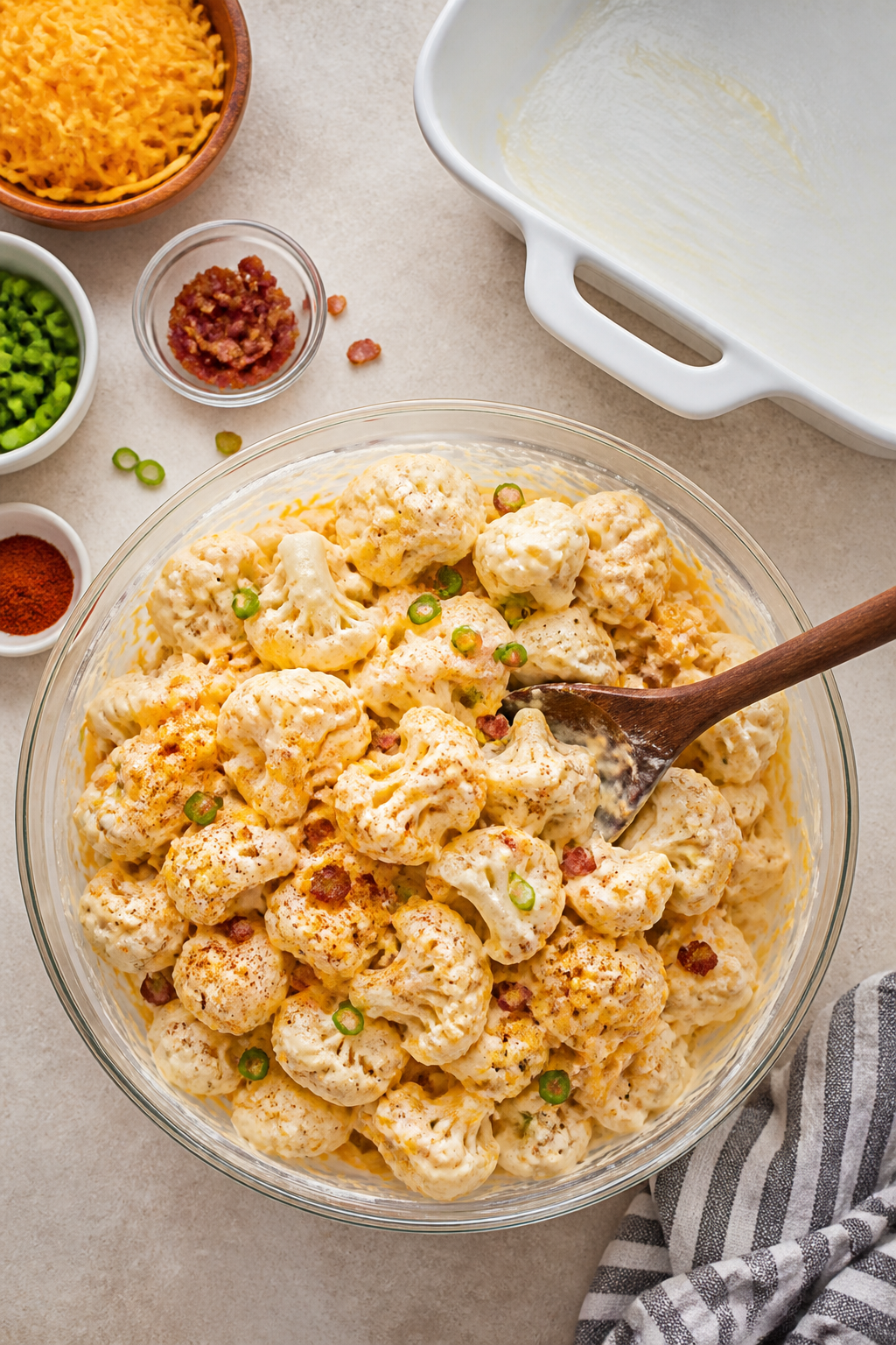 Cooking process shot: Cauliflower florets being folded into the creamy cheese mixture in a large bow