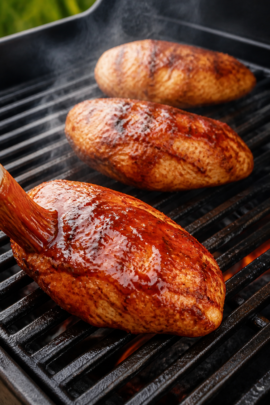Cooking process shot: chicken breasts on a hot grill at medium-high heat, lid open, visible defined 