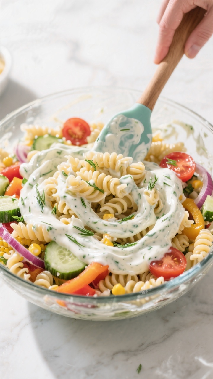 Cooking process shot: Chilled, just-rinsed rotini being folded into the ranch-yogurt dressing in a l