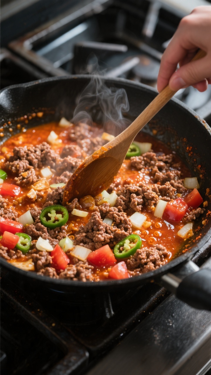 Cooking process shot: In a large black skillet over medium heat, browned ground beef with sautéed d