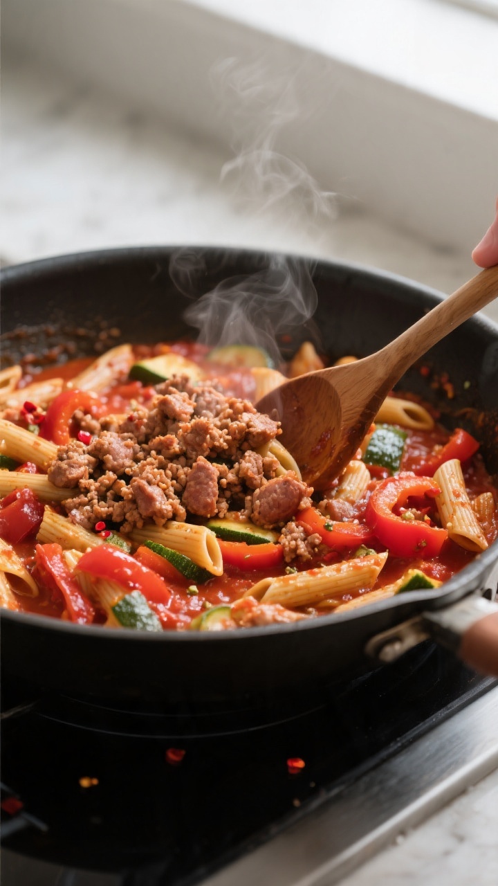 Cooking process shot: In a large, deep skillet on the stovetop, browned crumbles of lean Italian tur
