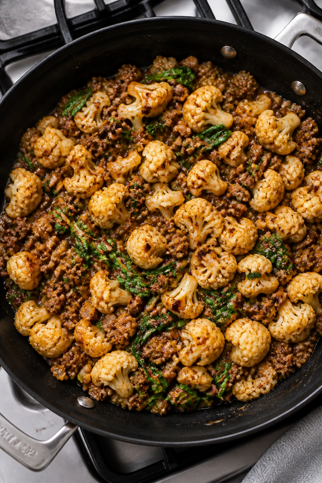 Cooking process shot of the cauliflower-and-beef mixture just after steaming, overhead view in a wid