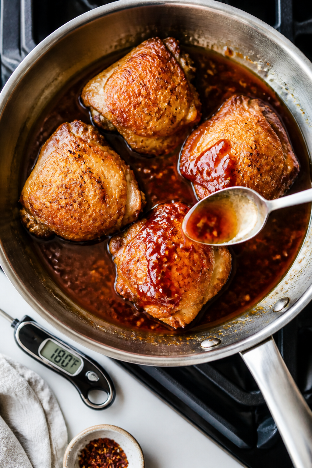 Cooking process shot: Overhead view of the saucing stage in the same skillet—rested chicken thighs