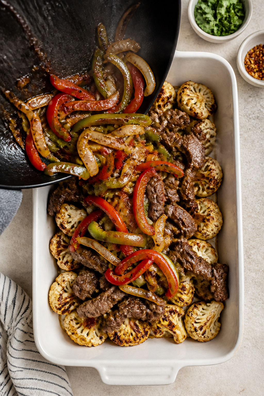 Cooking process shot: Sautéed peppers and onions being slid from a skillet into a greased 9x13 baki