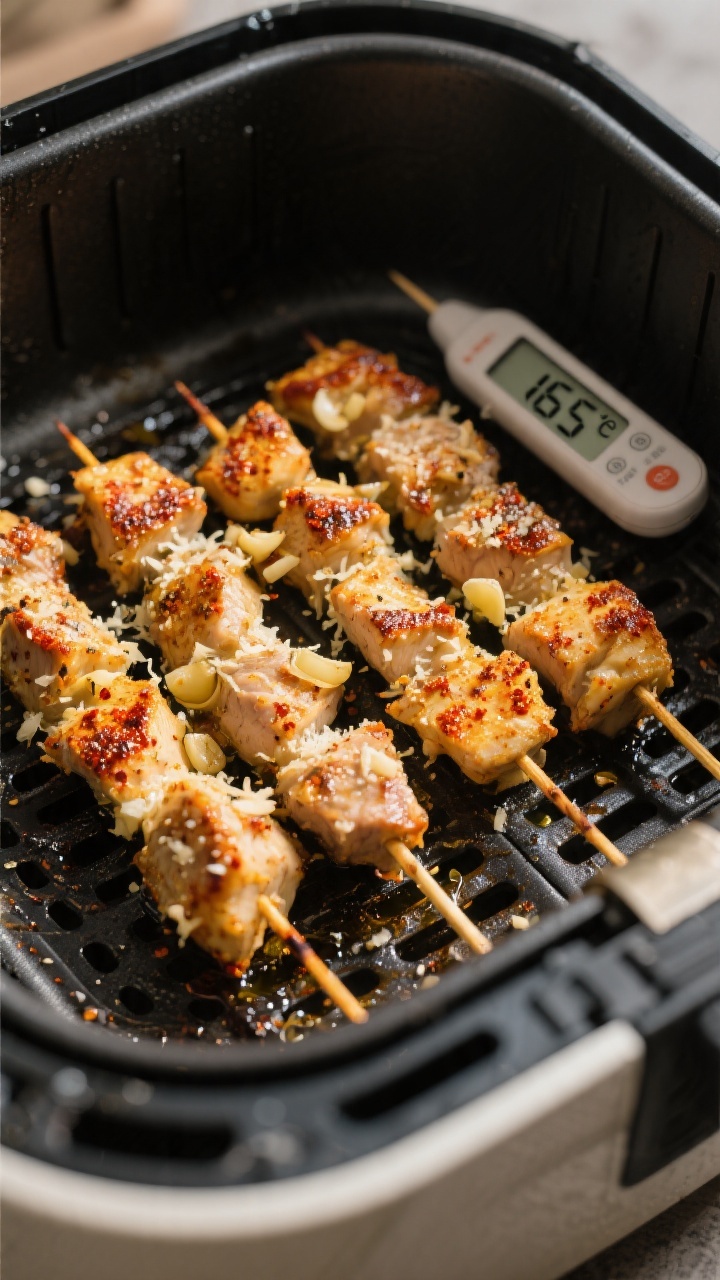 Cooking process shot: skewers mid-cook in an air fryer basket at 380°F, flipped to the second side,