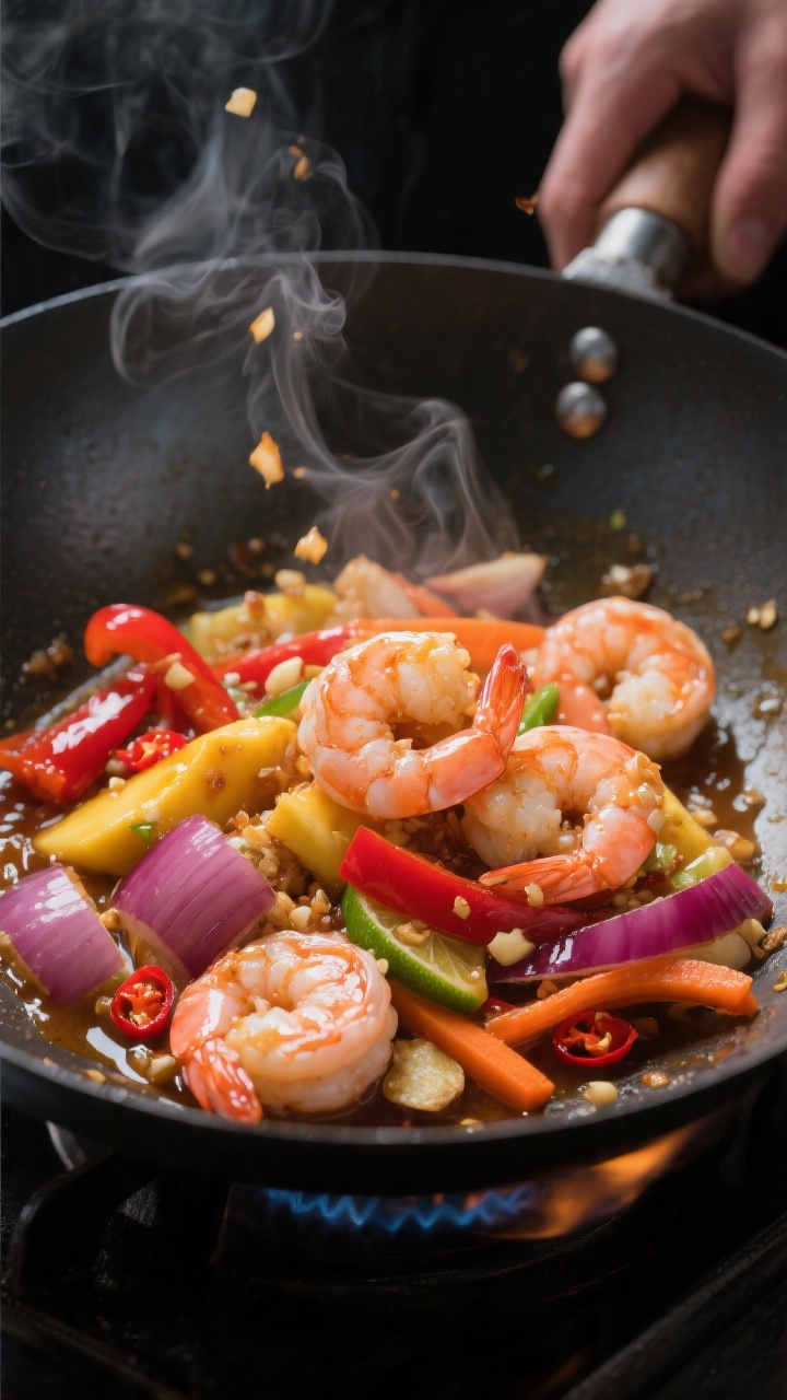 Cooking process shot: Wok-seared shrimp and vegetables mid-toss in a glossy mango-lime fish sauce gl