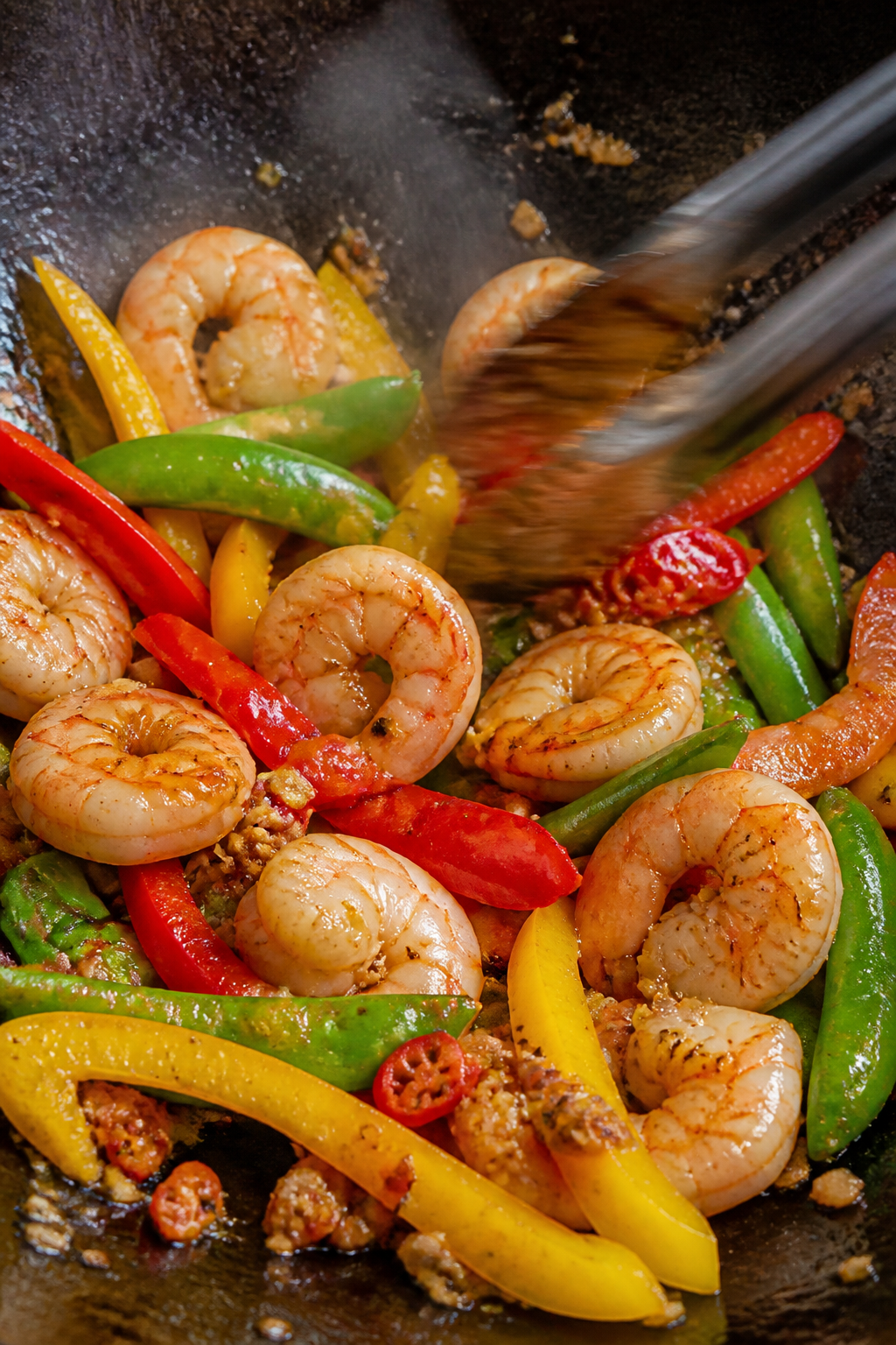 Cooking process — shrimp sear and aromatics: Close-up of sizzling, cooked shrimp in a wok with gli