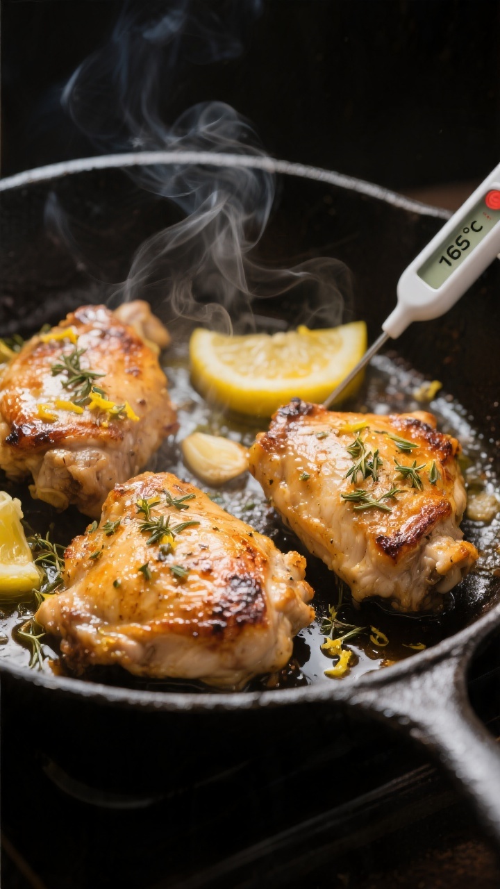Cooking process: Sizzling lemon-garlic-oregano chicken thighs in a hot cast-iron skillet, golden car