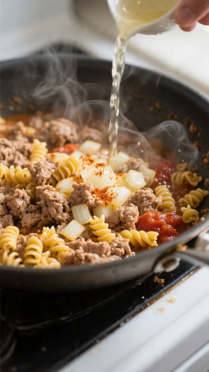 Cooking process, skillet action: Lean ground turkey browning in a large deep skillet with diced yell
