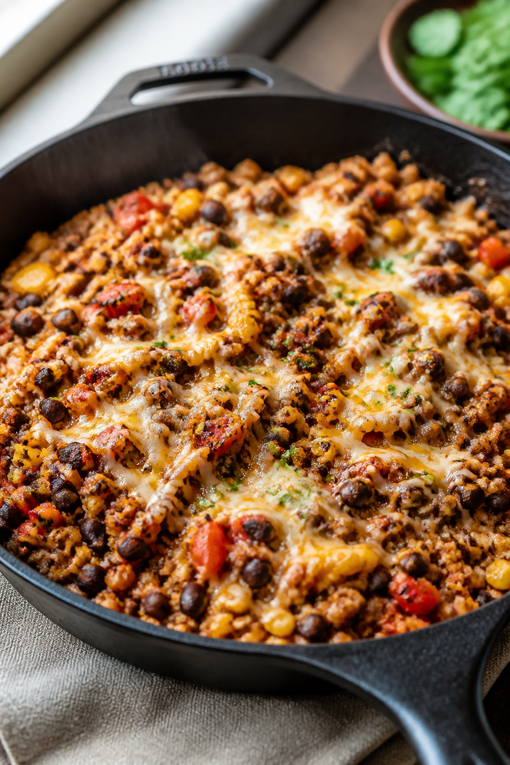 Cooking process, skillet close-up: A bubbling oven-safe skillet of Mexican cauliflower rice casserol
