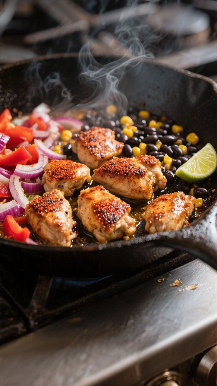 Cooking process, skillet sear: Bite-size chicken pieces sizzling in a large cast-iron skillet, deepl