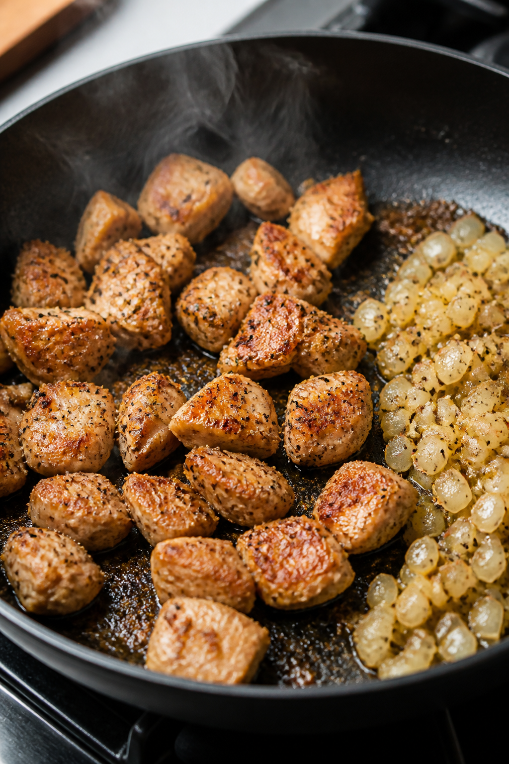Cooking process, skillet sear: Golden-brown bite-size chicken pieces sizzling in a large black skill