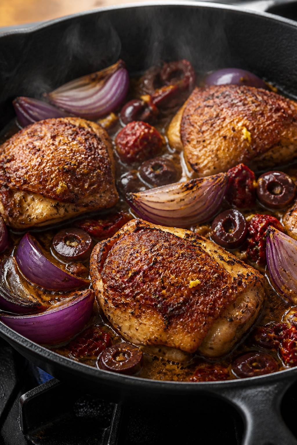 Cooking process, skillet sear: Golden, crackling chicken thigh skins sizzling skin-side down in a bl
