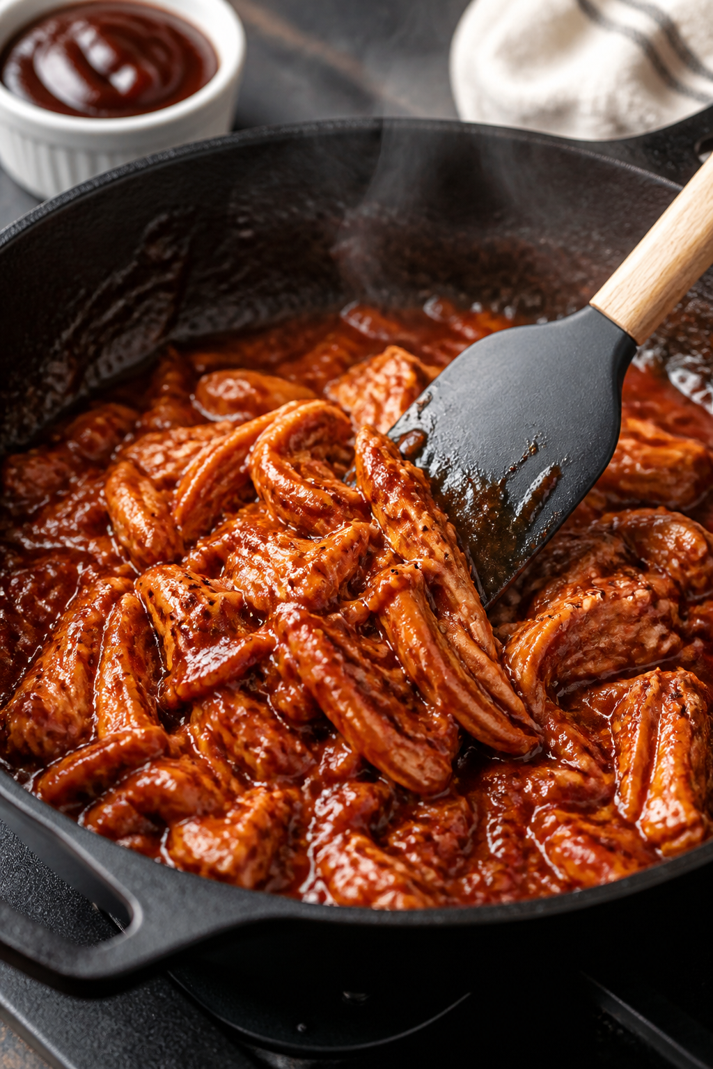 Cooking process: Skillet shot of shredded chicken being tossed and warmed with BBQ sauce until lacqu