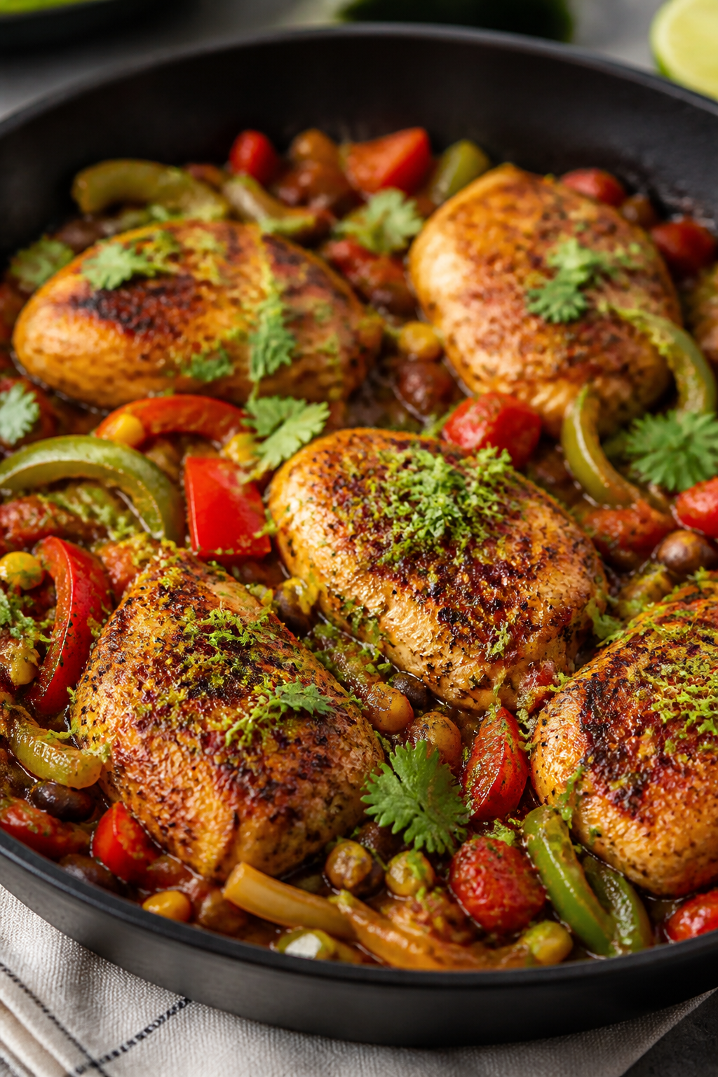 Cooking process, skillet sizzle: Close-up of seared boneless, skinless chicken thighs nestled back i