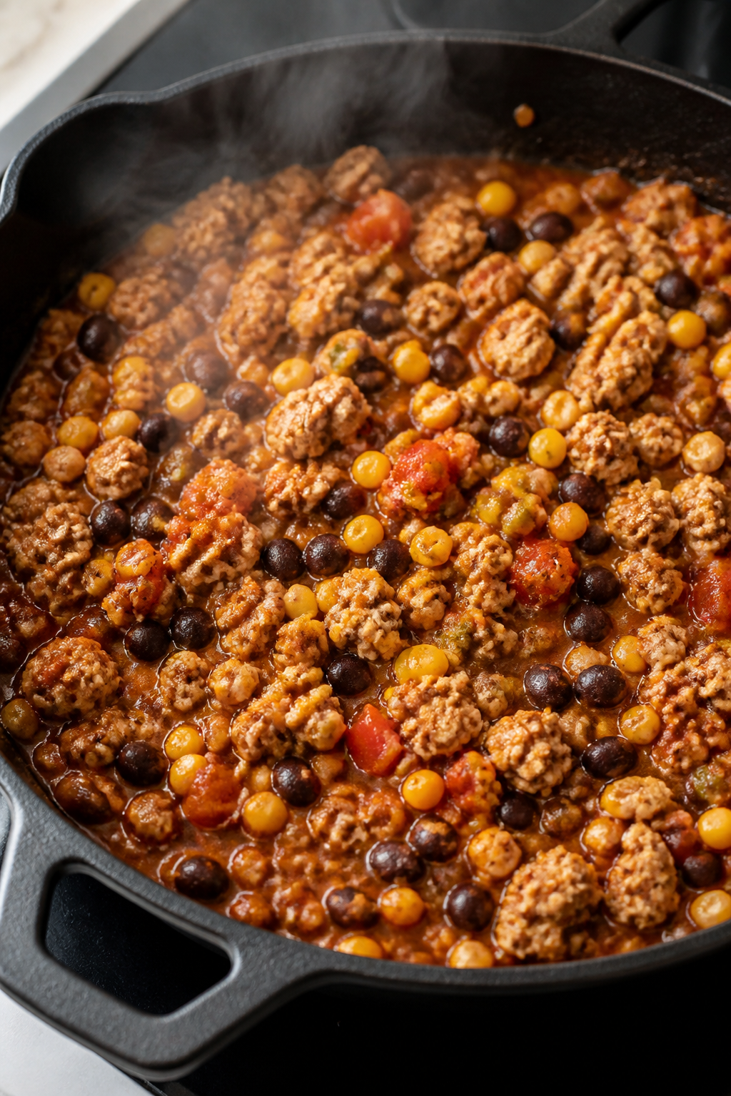 Cooking process, skillet sizzle: Ground turkey cauliflower taco skillet mid-simmer in a 12-inch cast