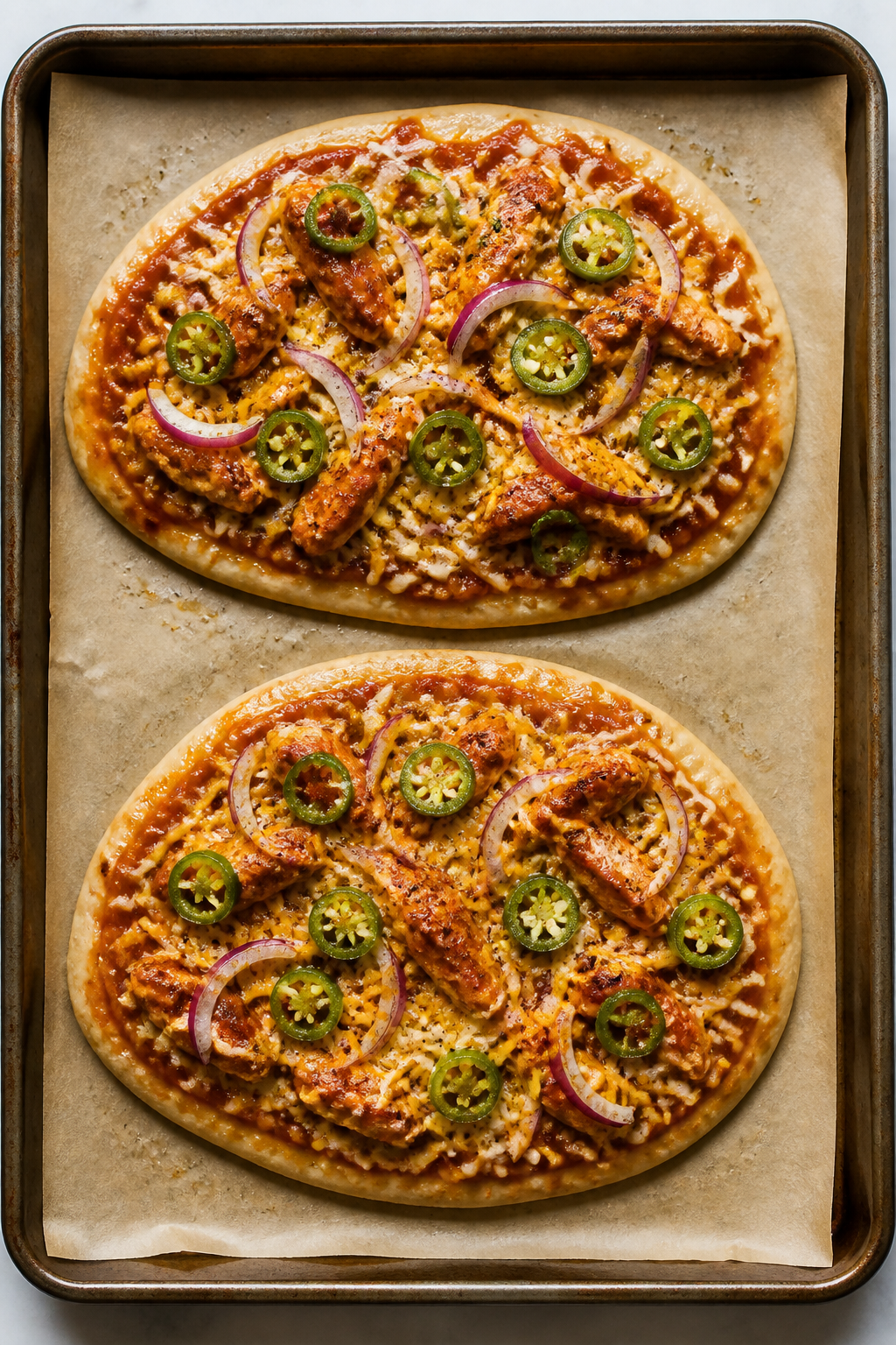 Cooking process – Spicy BBQ chicken flatbreads going into the oven: Overhead shot of two naan flat