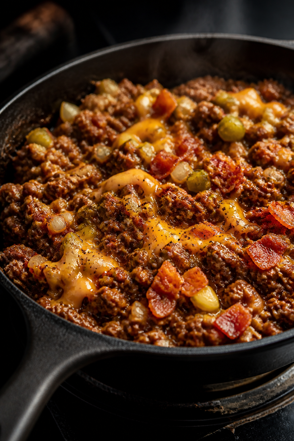 Cooking process, stovetop close-up: Crumbled bacon cheeseburger filling sizzling in a cast-iron skil