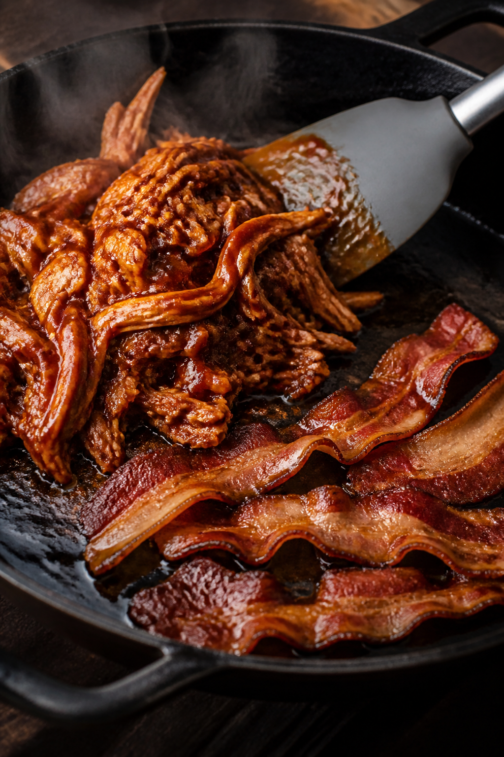 Cooking process, stovetop: Crisp bacon finishing in a cast-iron skillet beside a small mound of warm