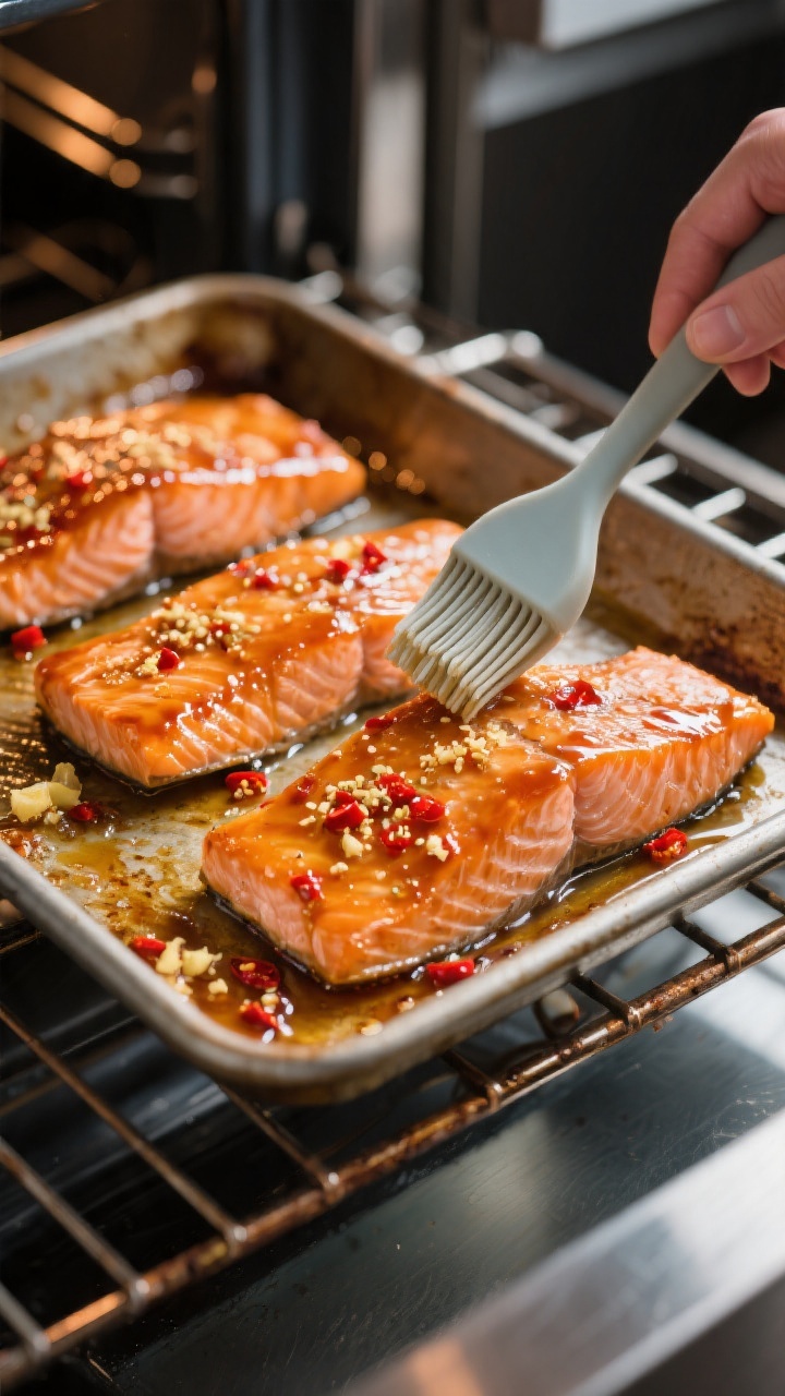 Cooking process: Sweet chili salmon portions roasting on the center rack at 425°F, mid-bake with th