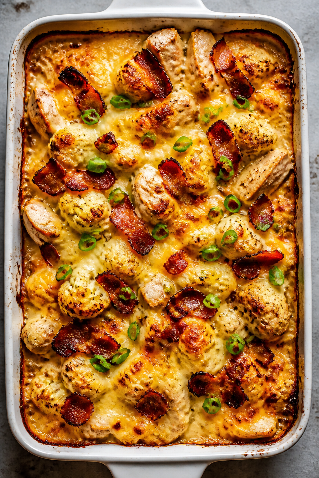Cooking process: The assembled casserole just out of the oven in a 9x13 baking dish, cheese melted a