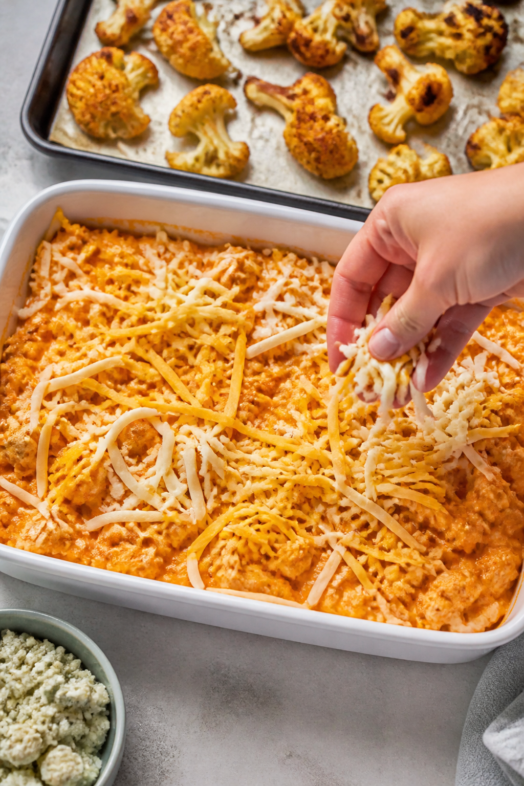 Cooking process: The casserole mixture being transferred into a 9x13 baking dish—roasted, caramel-