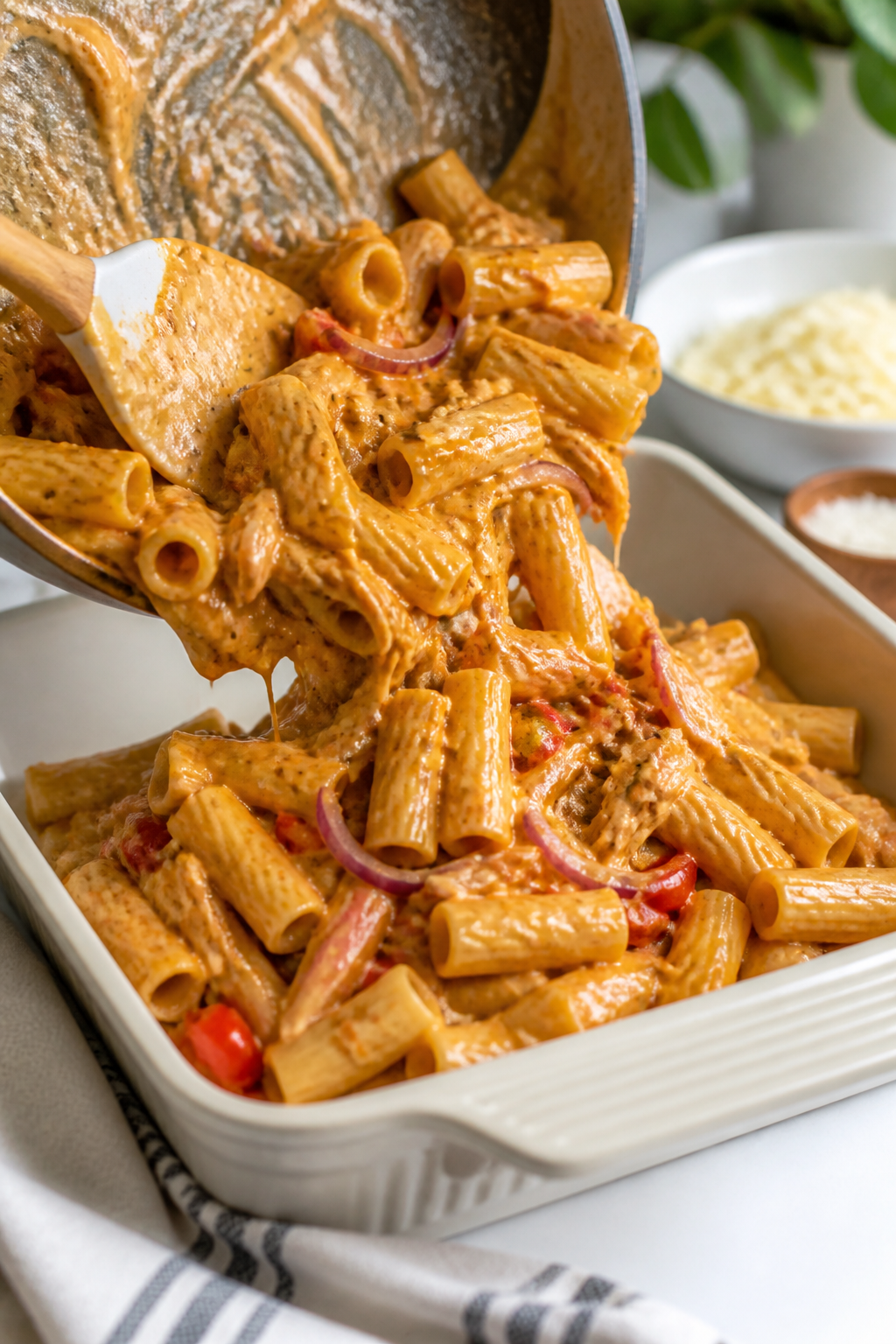 Cooking process: The saucy pasta mixture being poured into a greased 9x13 baking dish—rigatoni coa