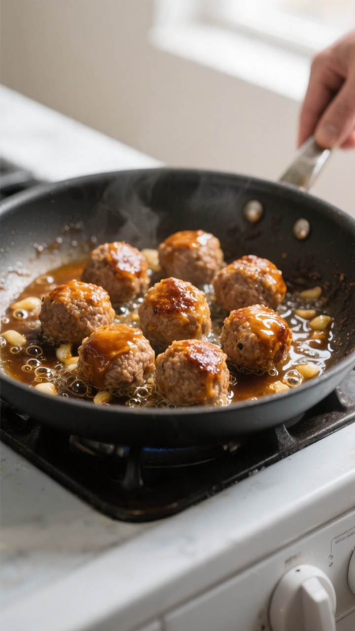 Cooking process: Turkey meatballs being pan-seared, golden-brown crust forming on one side in a larg