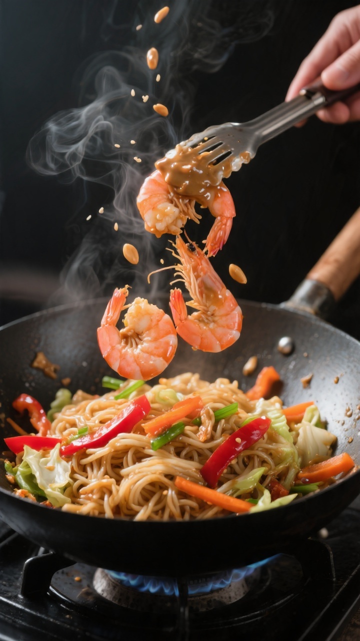 Cooking process, wok action: Medium-high heat stir-fry of pink, just-opaque shrimp being tossed back