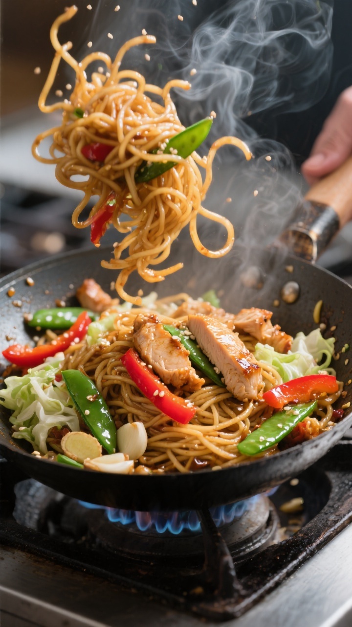 Cooking process, wok action: Sizzling chicken lo mein mid-toss in a carbon-steel wok over medium-hig